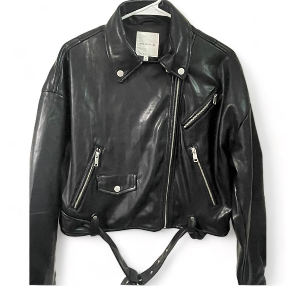 Avec Les Filles Oversized Faux Leather Cropped Biker Jacket - Black - M - Picture 2 of 11